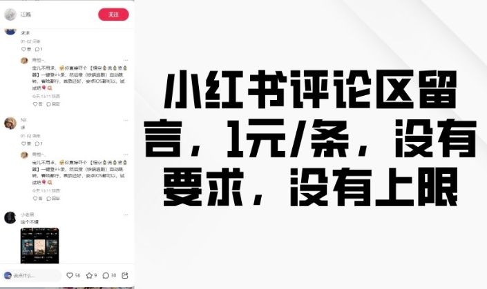 小红书评论区留言，1元条，没有要求，没有上限-课程网